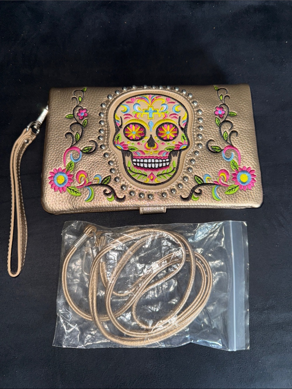 NWOT American Bling Metallic Gold Sugar Skull Wristlet With Shoulder Straps